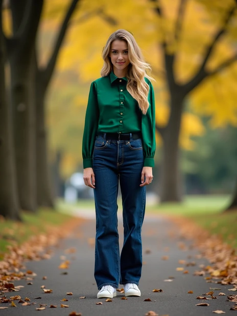 A LUMIR try-on: an emerald green silk blouse rendered onto a full-length photo.