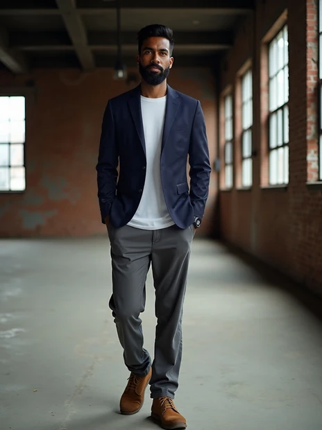A LUMIR try-on: a navy blazer layered over a white t-shirt.