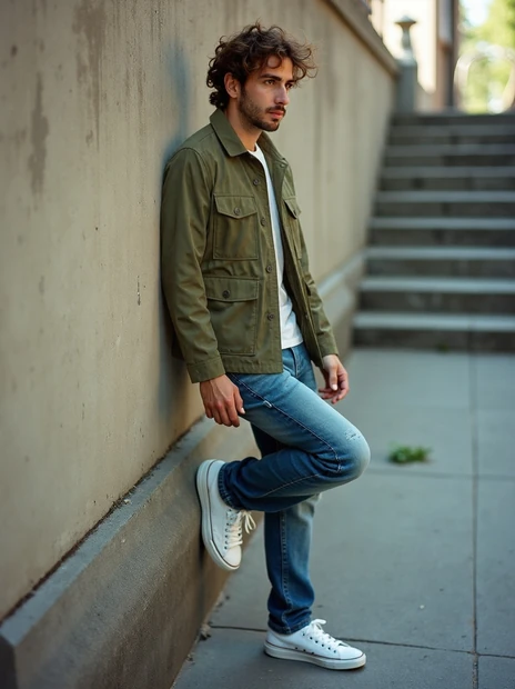 A LUMIR try-on: an olive field jacket layered over a white t-shirt.