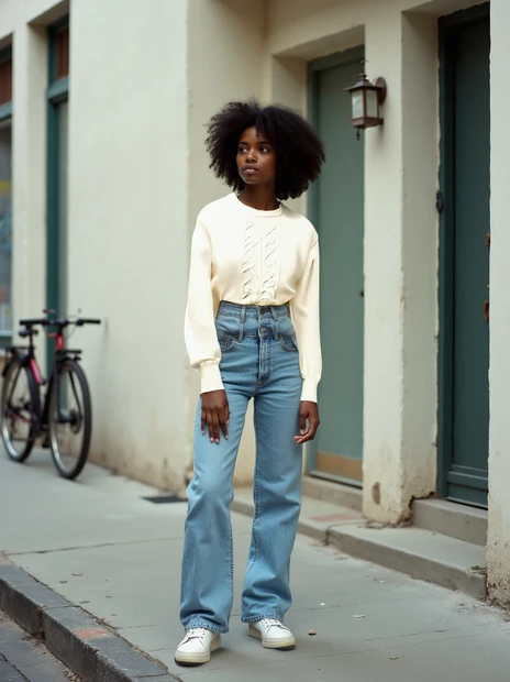 A LUMIR try-on: a cream cable-knit sweater.