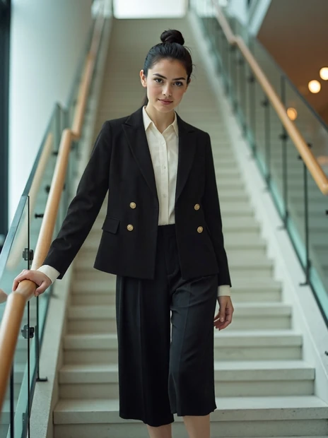 A LUMIR try-on: a black blazer with an ivory shirt and tailored trousers.