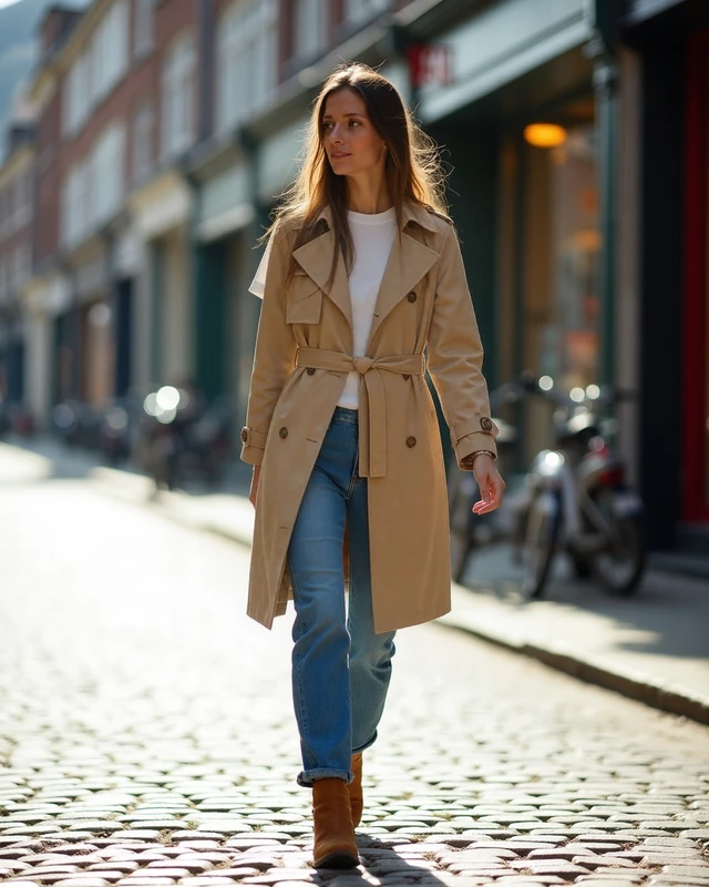 The same photo with a camel trench coat rendered onto it by LUMIR.